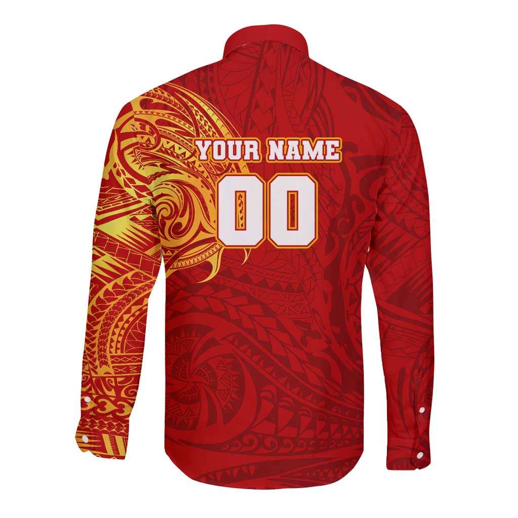 Personalized Gold Coast Suns Polynesian Long Sleeve Button Shirt Tribal Chest and Sleeve Tattoo Heritage Warrior
