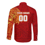 Personalized Gold Coast Suns Polynesian Long Sleeve Button Shirt Tribal Chest and Sleeve Tattoo Heritage Warrior