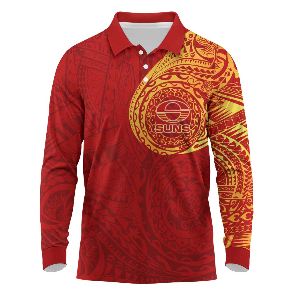 Personalized Gold Coast Suns Polynesian Long Sleeve Polo Shirt Tribal Chest and Sleeve Tattoo Heritage Warrior