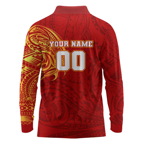 Personalized Gold Coast Suns Polynesian Long Sleeve Polo Shirt Tribal Chest and Sleeve Tattoo Heritage Warrior