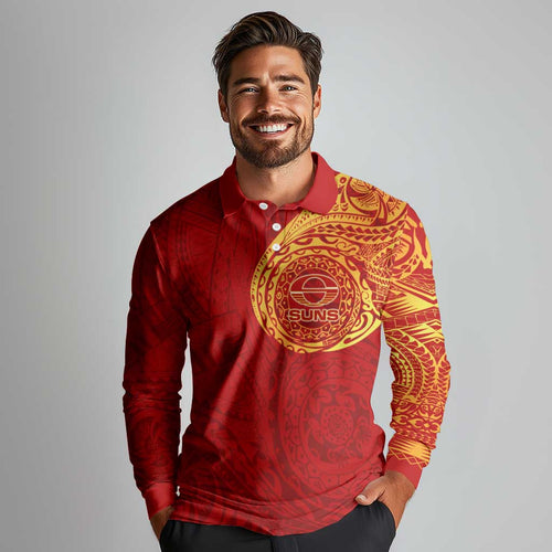 Personalized Gold Coast Suns Polynesian Long Sleeve Polo Shirt Tribal Chest and Sleeve Tattoo Heritage Warrior