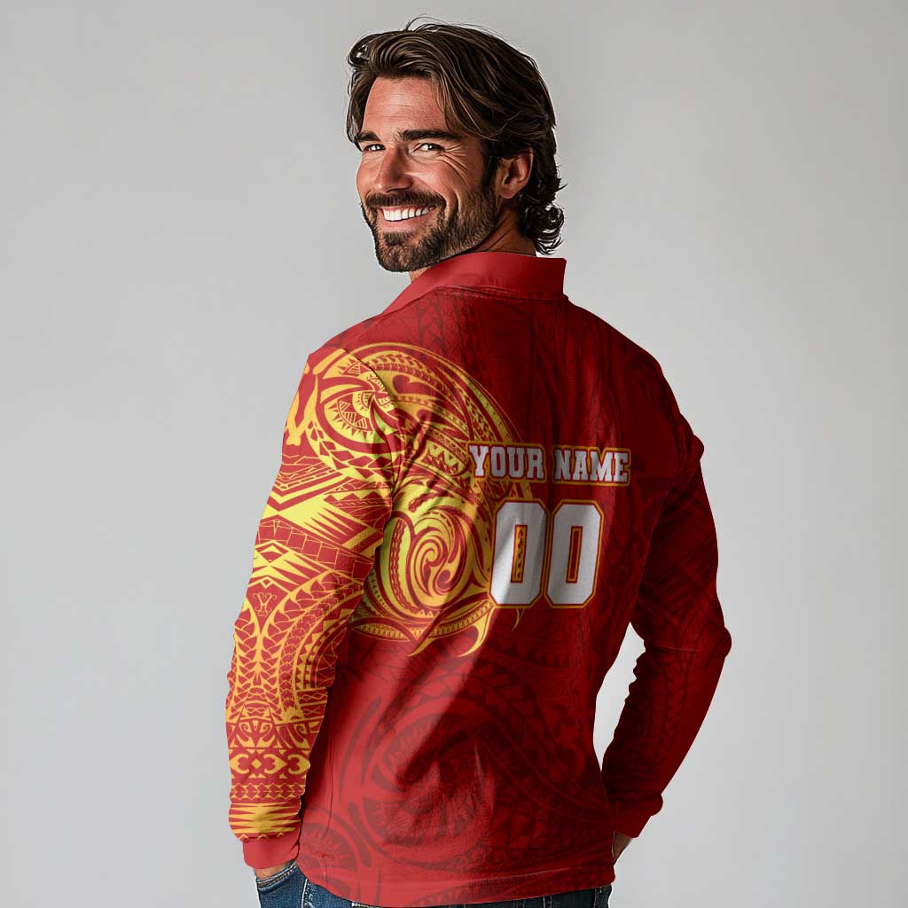 Personalized Gold Coast Suns Polynesian Long Sleeve Polo Shirt Tribal Chest and Sleeve Tattoo Heritage Warrior