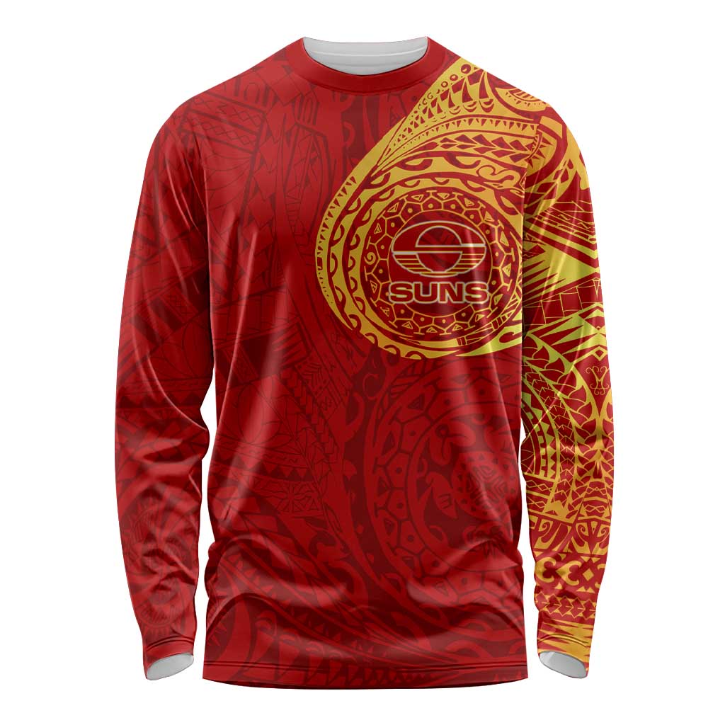 Personalized Gold Coast Suns Polynesian Long Sleeve Shirt Tribal Chest and Sleeve Tattoo Heritage Warrior