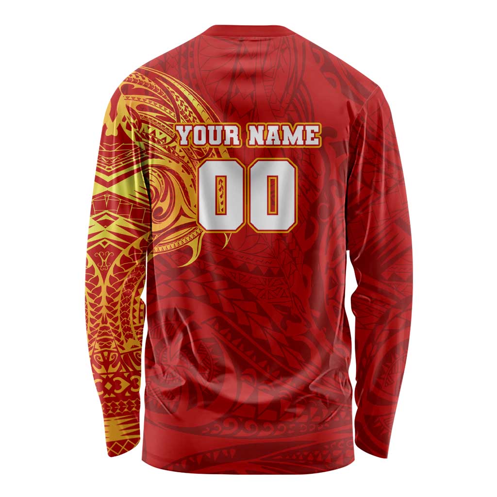 Personalized Gold Coast Suns Polynesian Long Sleeve Shirt Tribal Chest and Sleeve Tattoo Heritage Warrior