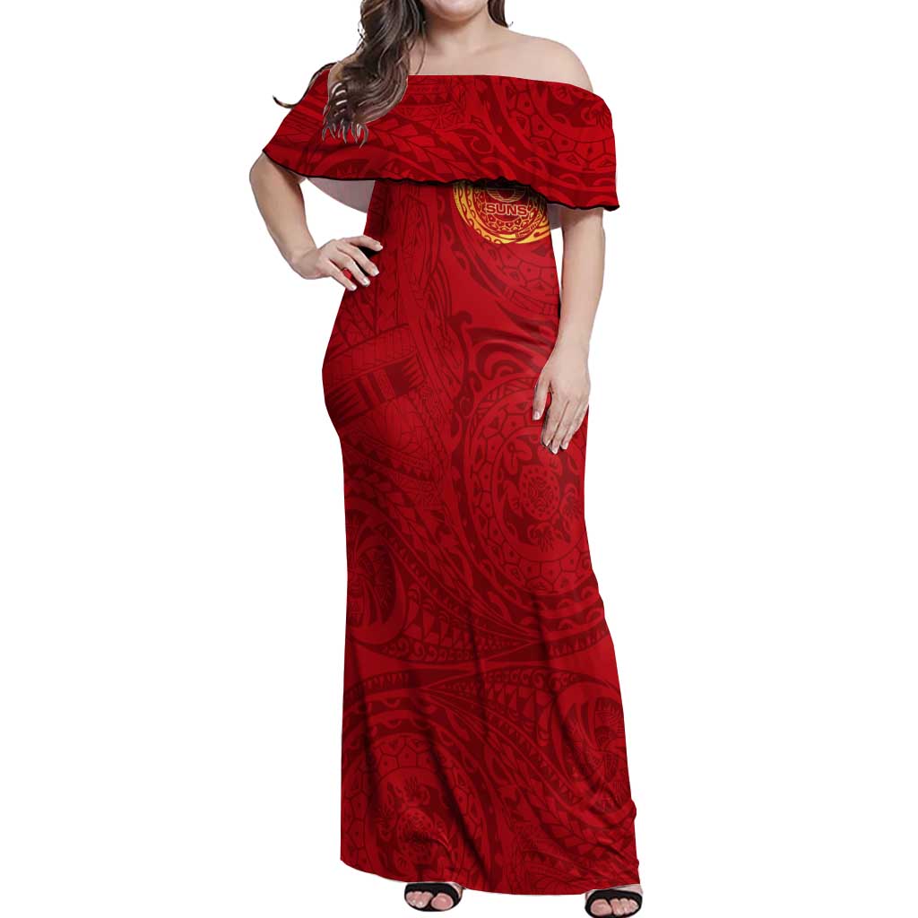 Personalized Gold Coast Suns Polynesian Off Shoulder Maxi Dress Tribal Chest and Sleeve Tattoo Heritage Warrior