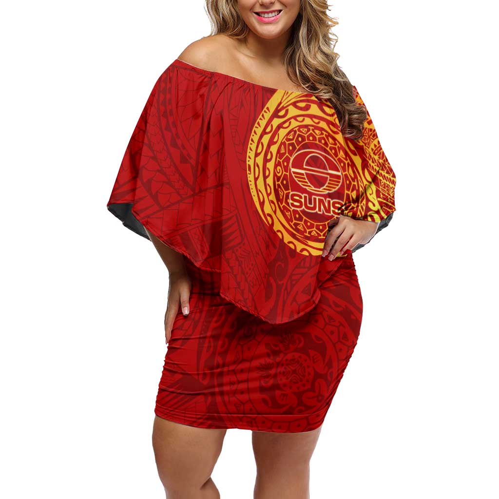 Personalized Gold Coast Suns Polynesian Off Shoulder Short Dress Tribal Chest and Sleeve Tattoo Heritage Warrior