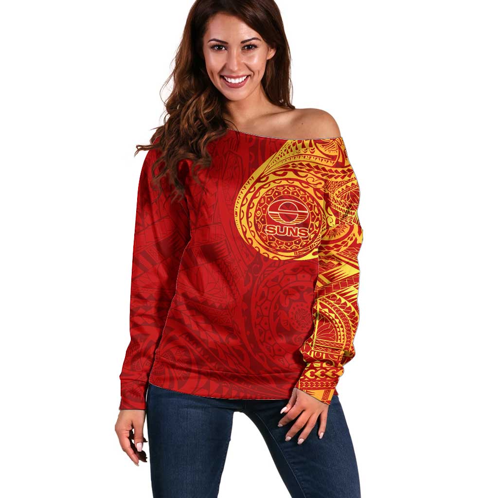 Personalized Gold Coast Suns Polynesian Off Shoulder Sweater Tribal Chest and Sleeve Tattoo Heritage Warrior