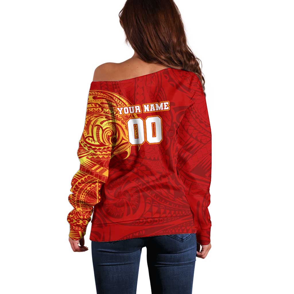 Personalized Gold Coast Suns Polynesian Off Shoulder Sweater Tribal Chest and Sleeve Tattoo Heritage Warrior