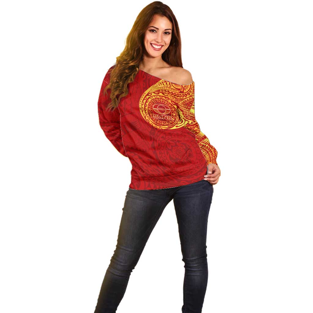 Personalized Gold Coast Suns Polynesian Off Shoulder Sweater Tribal Chest and Sleeve Tattoo Heritage Warrior