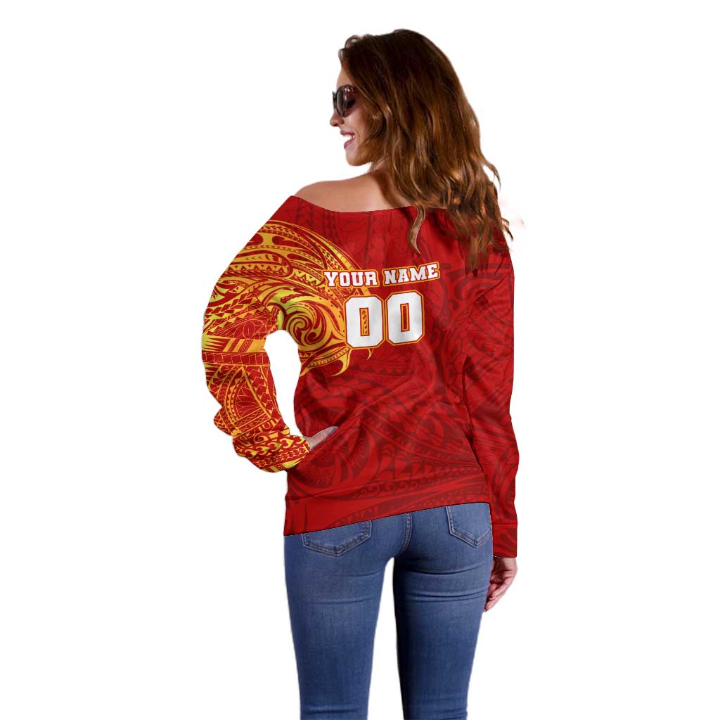 Personalized Gold Coast Suns Polynesian Off Shoulder Sweater Tribal Chest and Sleeve Tattoo Heritage Warrior