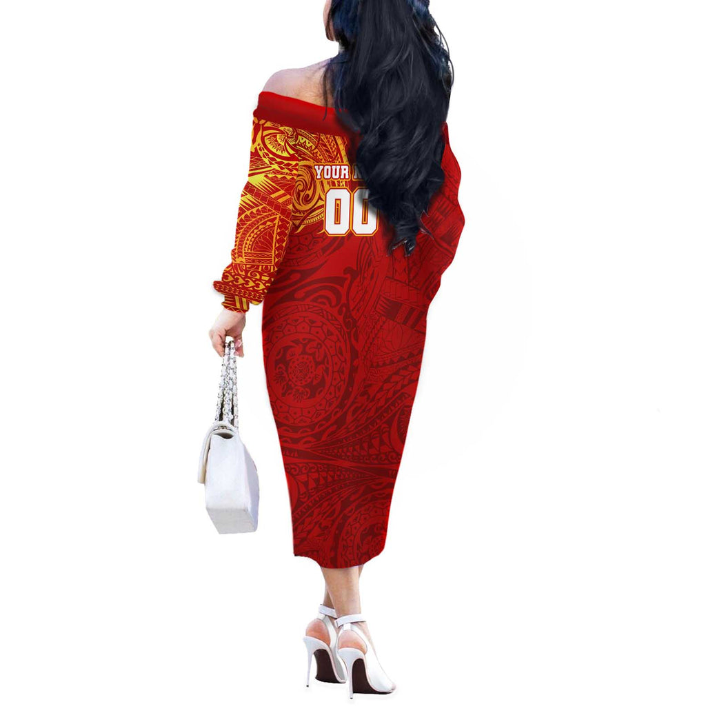 Personalized Gold Coast Suns Polynesian Off The Shoulder Long Sleeve Dress Tribal Chest and Sleeve Tattoo Heritage Warrior