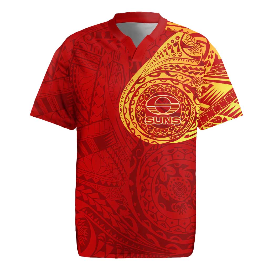 Personalized Gold Coast Suns Polynesian Rugby Jersey Tribal Chest and Sleeve Tattoo Heritage Warrior