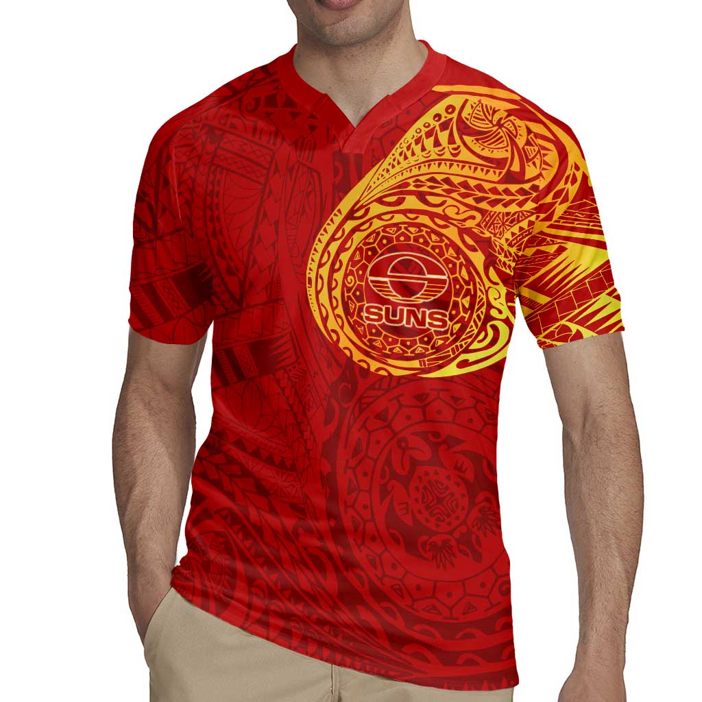 Personalized Gold Coast Suns Polynesian Rugby Jersey Tribal Chest and Sleeve Tattoo Heritage Warrior