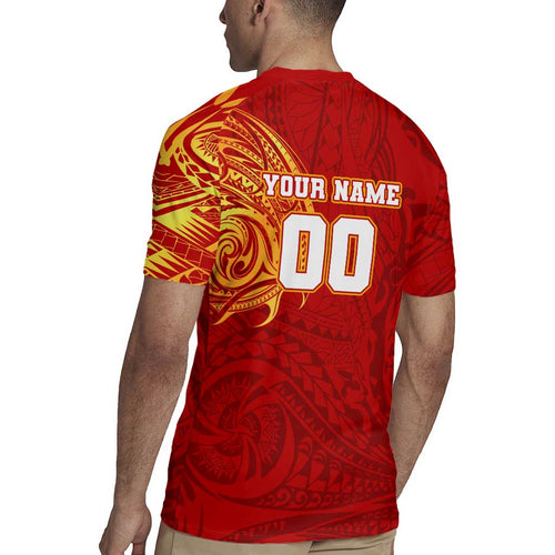 Personalized Gold Coast Suns Polynesian Rugby Jersey Tribal Chest and Sleeve Tattoo Heritage Warrior