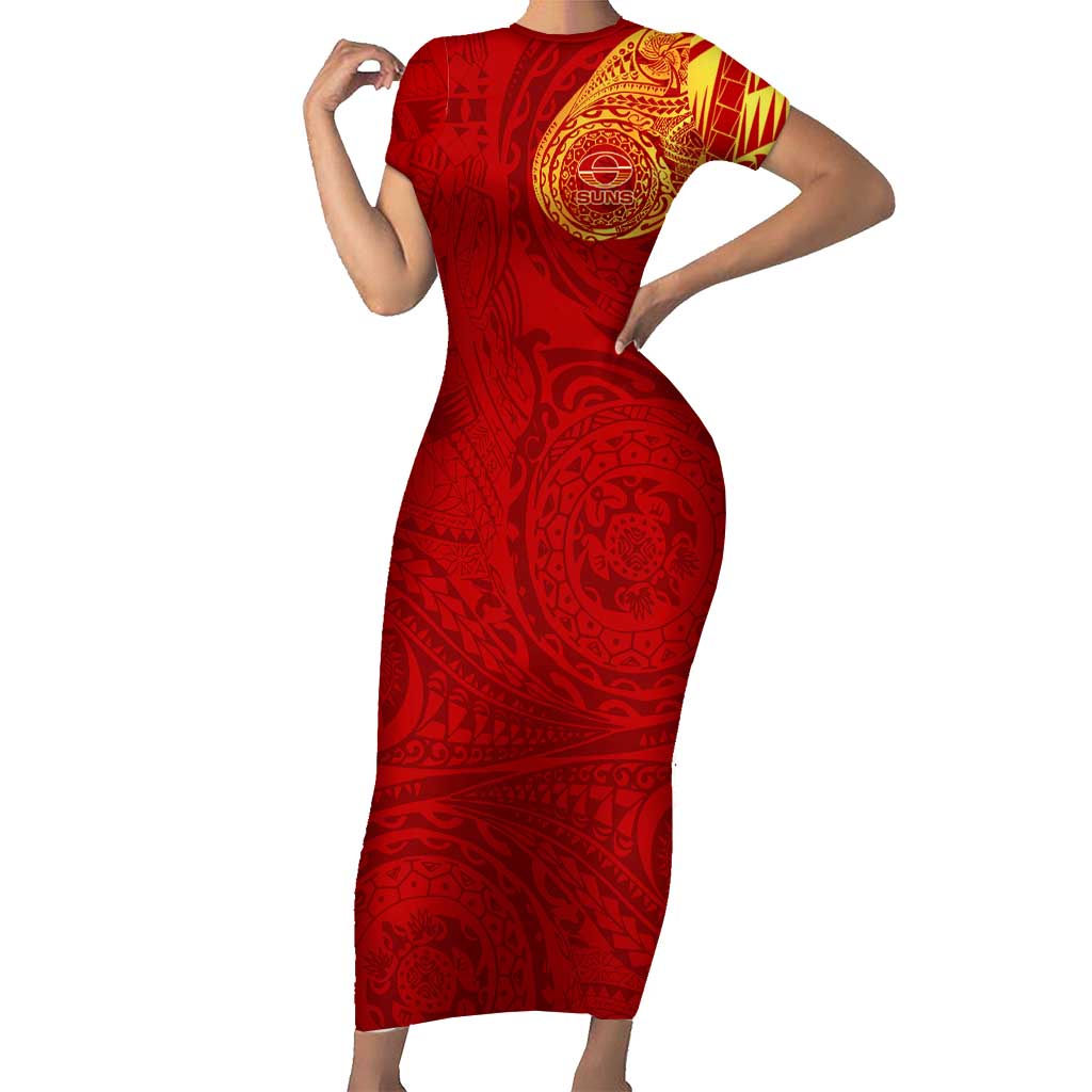Personalized Gold Coast Suns Polynesian Short Sleeve Bodycon Dress Tribal Chest and Sleeve Tattoo Heritage Warrior