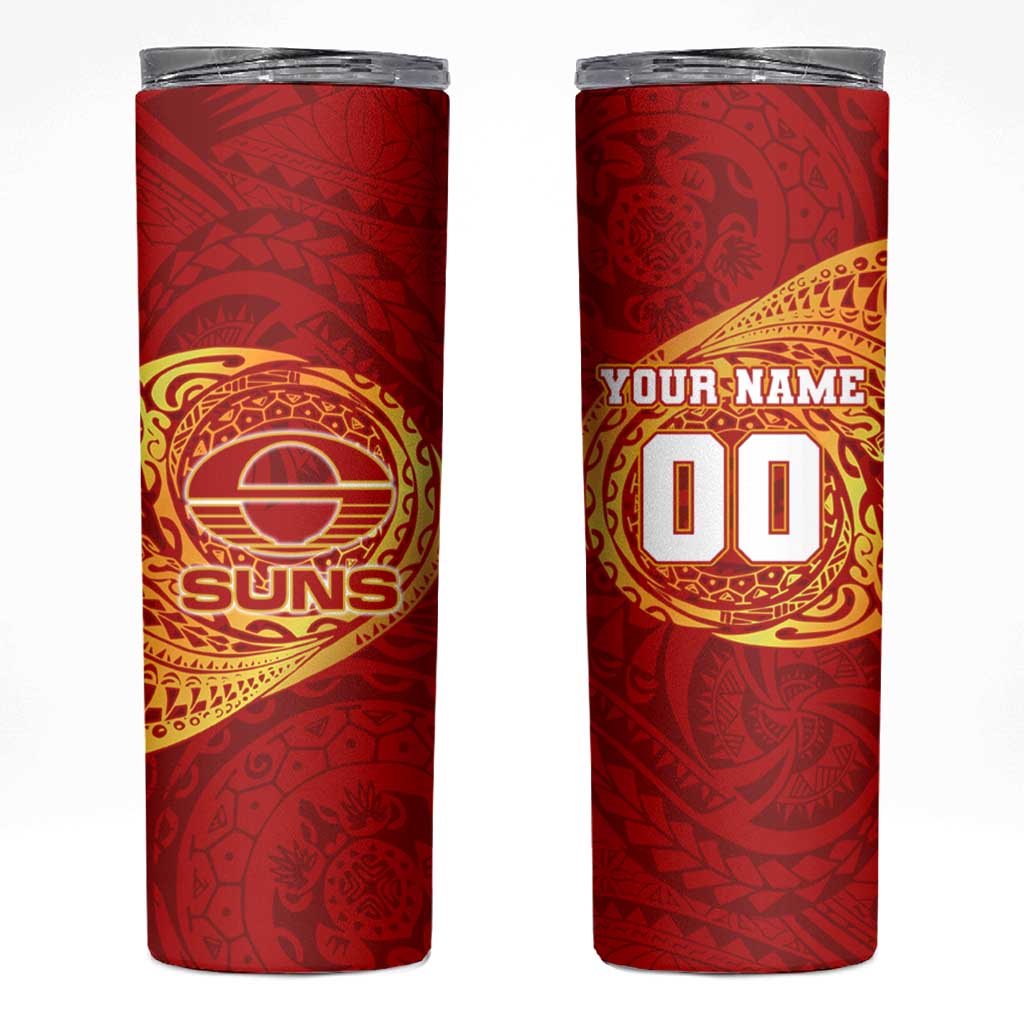 Personalized Gold Coast Suns Polynesian Skinny Tumbler Tribal Chest and Sleeve Tattoo Heritage Warrior