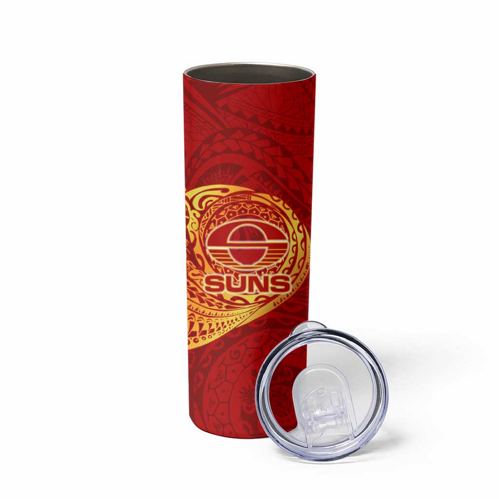 Personalized Gold Coast Suns Polynesian Skinny Tumbler Tribal Chest and Sleeve Tattoo Heritage Warrior