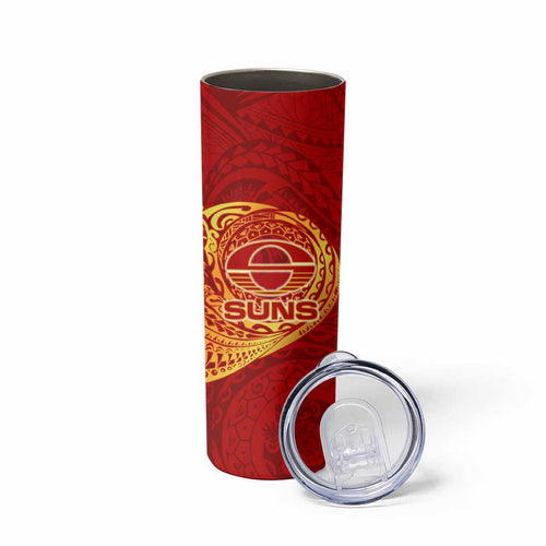 Personalized Gold Coast Suns Polynesian Skinny Tumbler Tribal Chest and Sleeve Tattoo Heritage Warrior