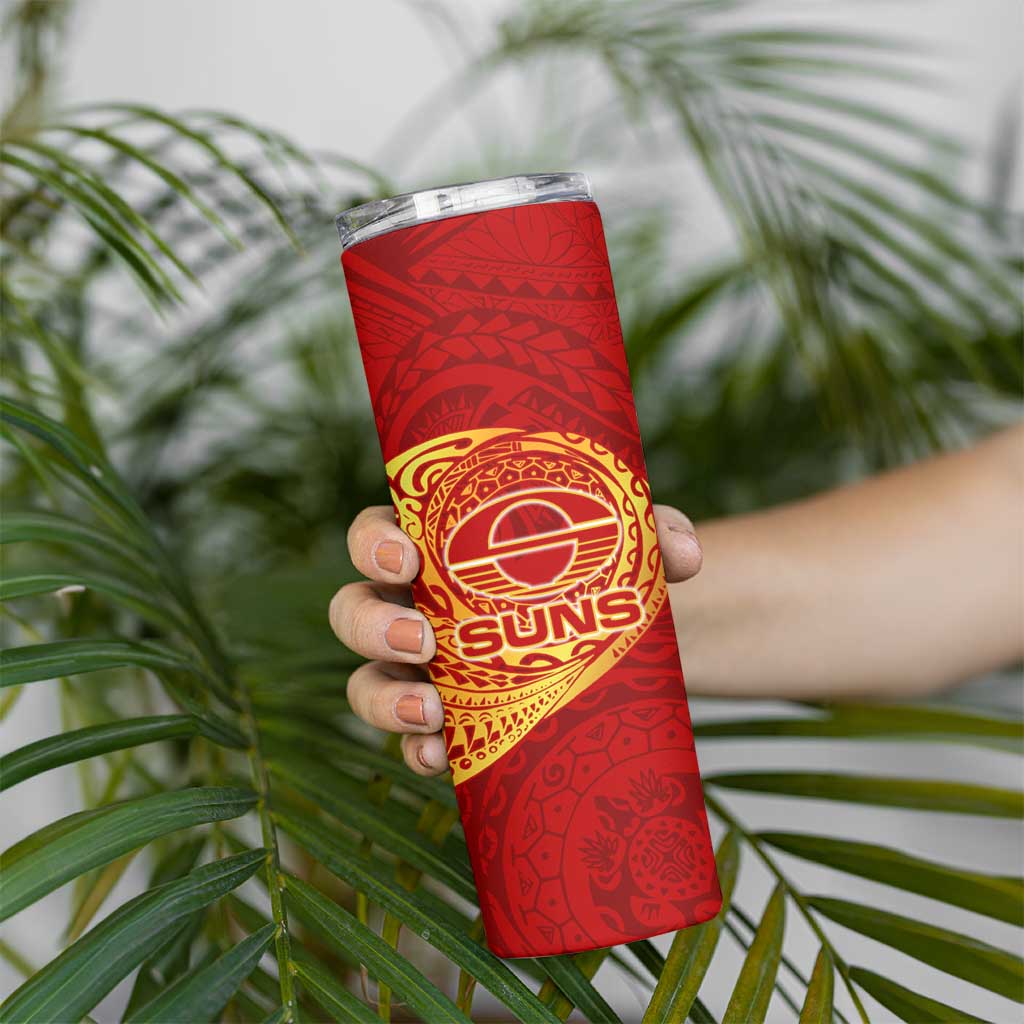 Personalized Gold Coast Suns Polynesian Skinny Tumbler Tribal Chest and Sleeve Tattoo Heritage Warrior