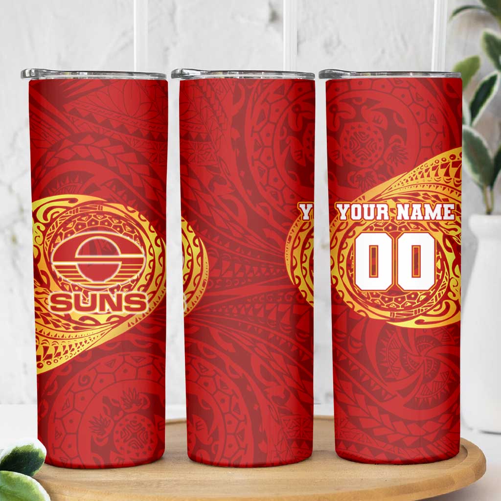 Personalized Gold Coast Suns Polynesian Skinny Tumbler Tribal Chest and Sleeve Tattoo Heritage Warrior