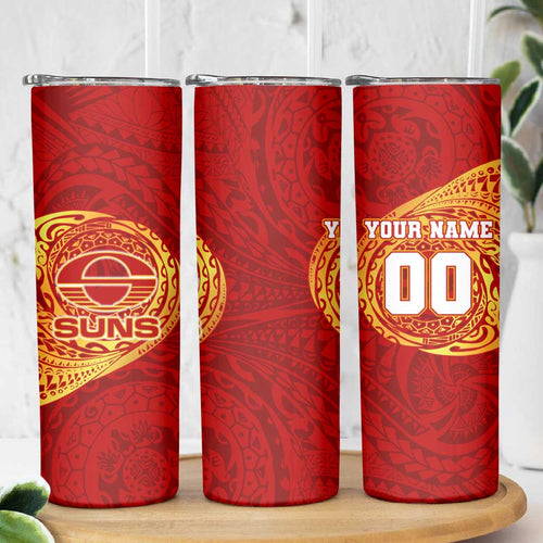 Personalized Gold Coast Suns Polynesian Skinny Tumbler Tribal Chest and Sleeve Tattoo Heritage Warrior