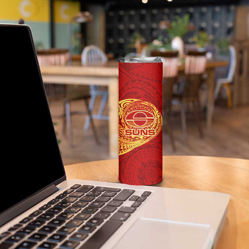 Personalized Gold Coast Suns Polynesian Skinny Tumbler Tribal Chest and Sleeve Tattoo Heritage Warrior