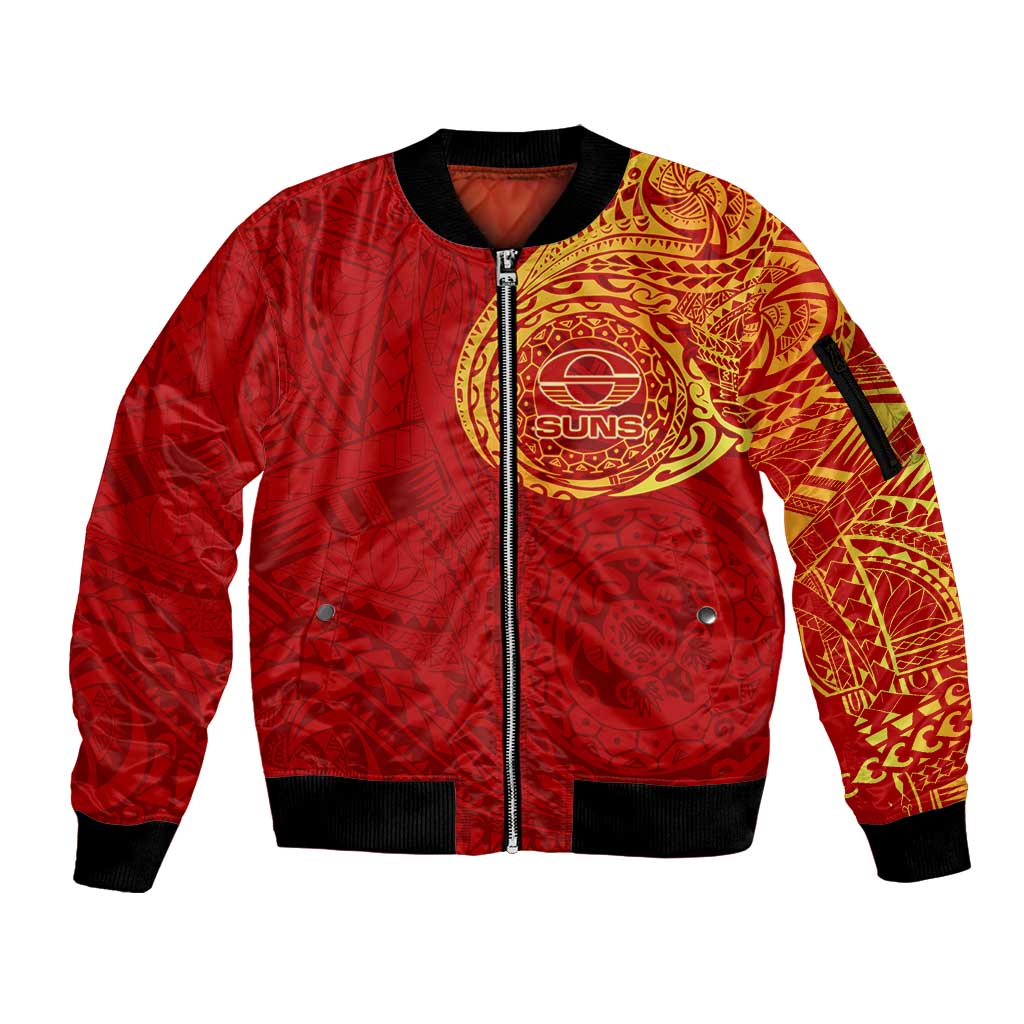 Personalized Gold Coast Suns Polynesian Sleeve Zip Bomber Jacket Tribal Chest and Sleeve Tattoo Heritage Warrior