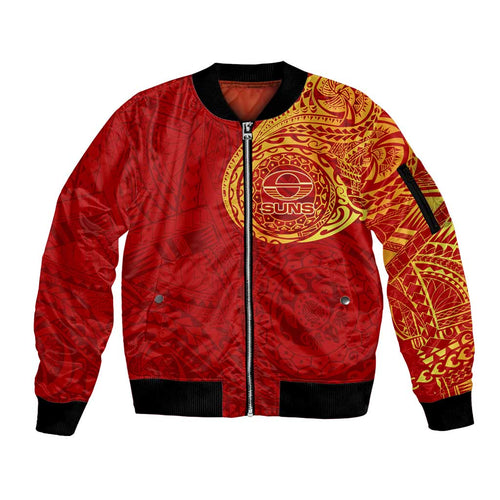 Personalized Gold Coast Suns Polynesian Sleeve Zip Bomber Jacket Tribal Chest and Sleeve Tattoo Heritage Warrior