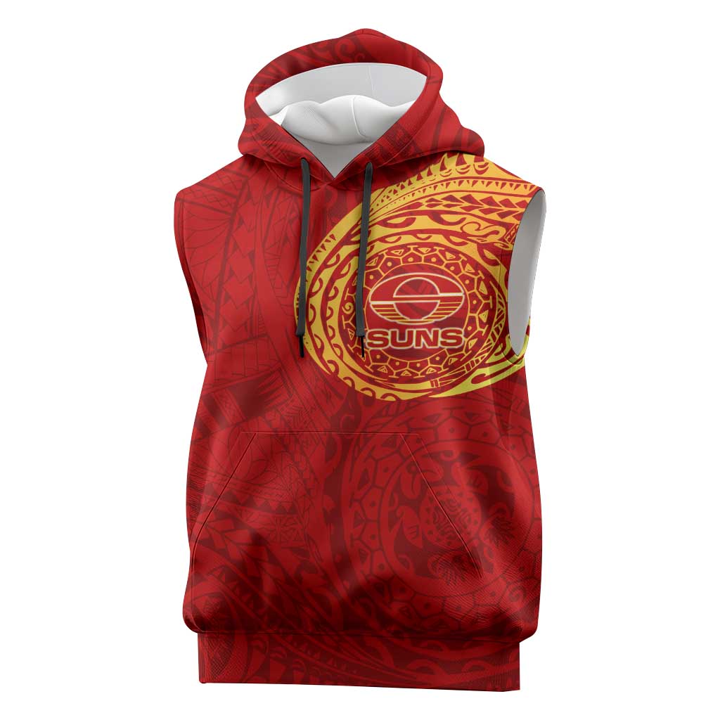Personalized Gold Coast Suns Polynesian Sleeveless Hoodie Tribal Chest and Sleeve Tattoo Heritage Warrior