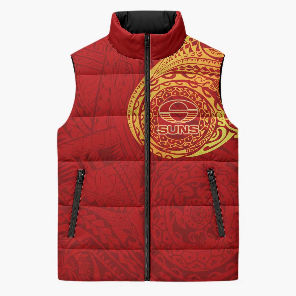 Personalized Gold Coast Suns Polynesian Sleeveless Puffer Jacket Tribal Chest and Sleeve Tattoo Heritage Warrior