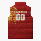 Personalized Gold Coast Suns Polynesian Sleeveless Puffer Jacket Tribal Chest and Sleeve Tattoo Heritage Warrior