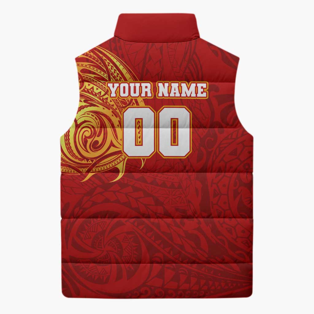 Personalized Gold Coast Suns Polynesian Sleeveless Puffer Jacket Tribal Chest and Sleeve Tattoo Heritage Warrior