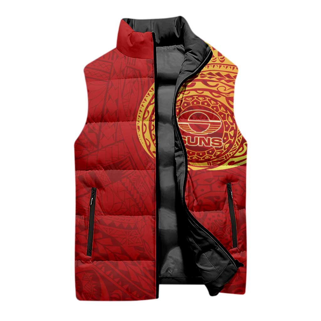 Personalized Gold Coast Suns Polynesian Sleeveless Puffer Jacket Tribal Chest and Sleeve Tattoo Heritage Warrior