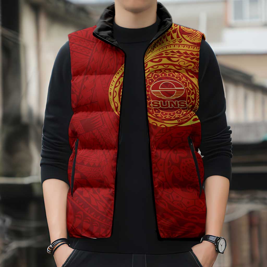 Personalized Gold Coast Suns Polynesian Sleeveless Puffer Jacket Tribal Chest and Sleeve Tattoo Heritage Warrior