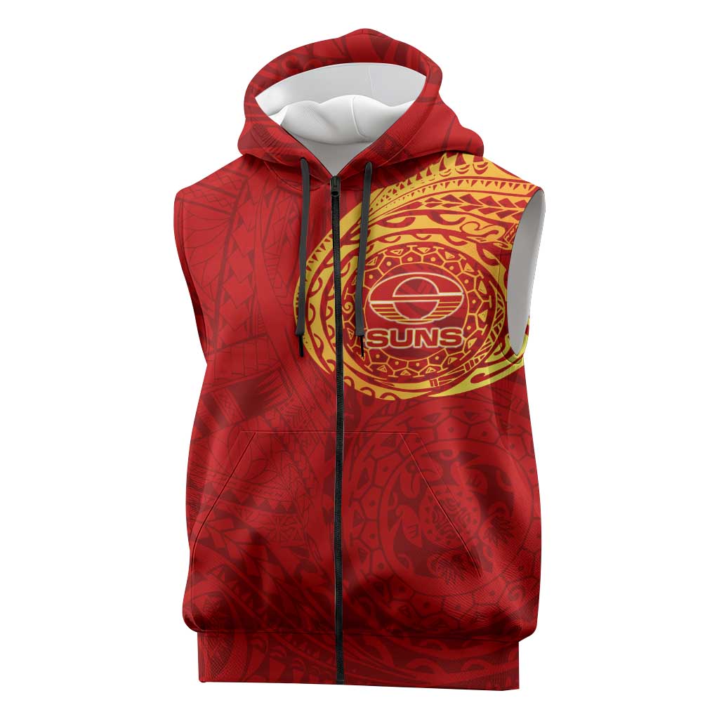 Personalized Gold Coast Suns Polynesian Sleeveless Zip Hoodie Tribal Chest and Sleeve Tattoo Heritage Warrior