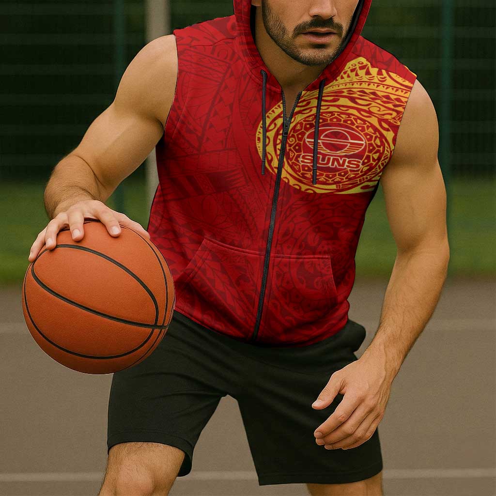 Personalized Gold Coast Suns Polynesian Sleeveless Zip Hoodie Tribal Chest and Sleeve Tattoo Heritage Warrior