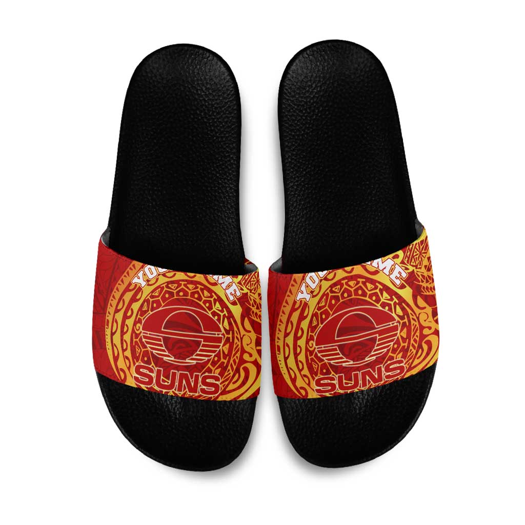 Personalized Gold Coast Suns Polynesian Slide Sandals Tribal Chest and Sleeve Tattoo Heritage Warrior