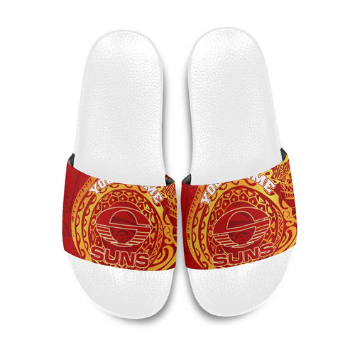 Personalized Gold Coast Suns Polynesian Slide Sandals Tribal Chest and Sleeve Tattoo Heritage Warrior