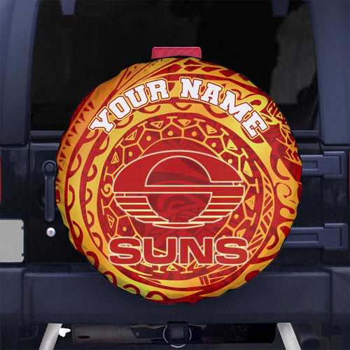 Personalized Gold Coast Suns Polynesian Spare Tire Cover Tribal Chest and Sleeve Tattoo Heritage Warrior