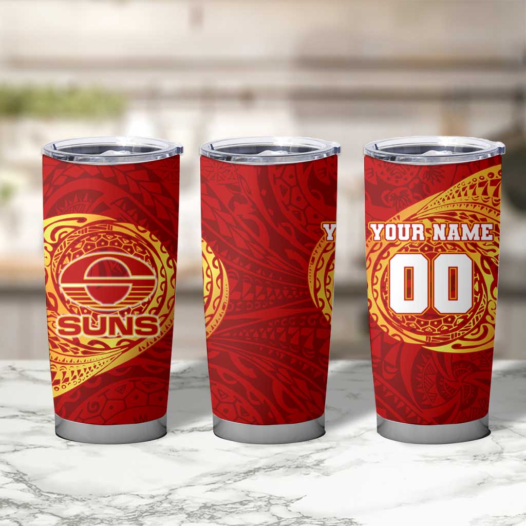 Personalized Gold Coast Suns Polynesian Tumbler Cup Tribal Chest and Sleeve Tattoo Heritage Warrior