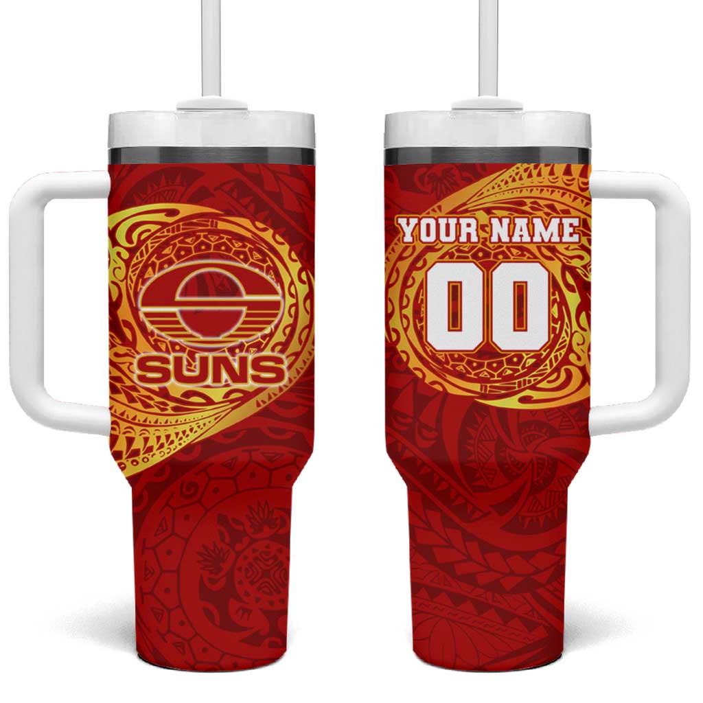 Personalized Gold Coast Suns Polynesian Tumbler With Handle Tribal Chest and Sleeve Tattoo Heritage Warrior