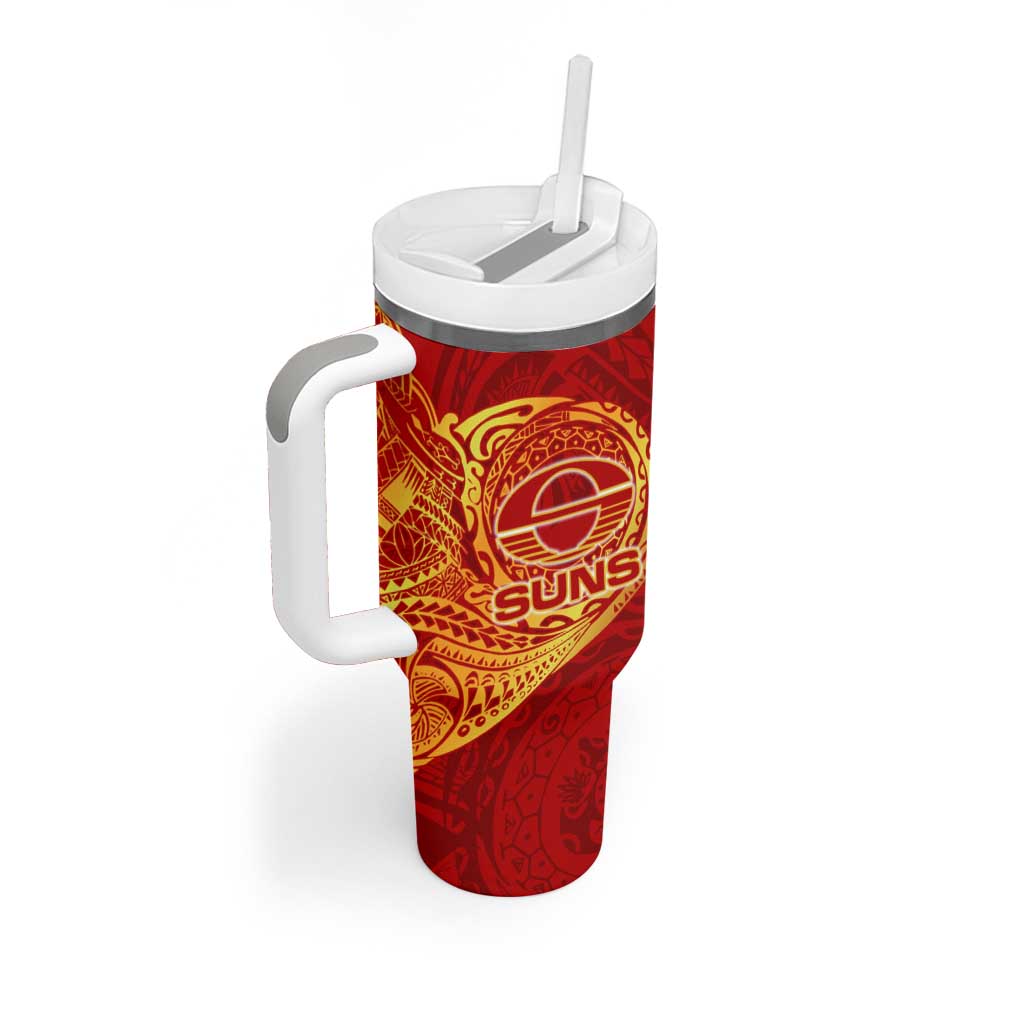 Personalized Gold Coast Suns Polynesian Tumbler With Handle Tribal Chest and Sleeve Tattoo Heritage Warrior