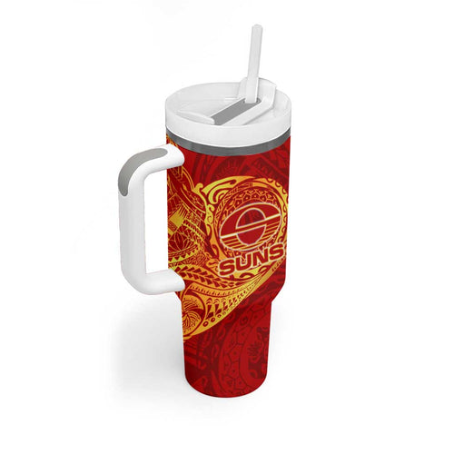 Personalized Gold Coast Suns Polynesian Tumbler With Handle Tribal Chest and Sleeve Tattoo Heritage Warrior