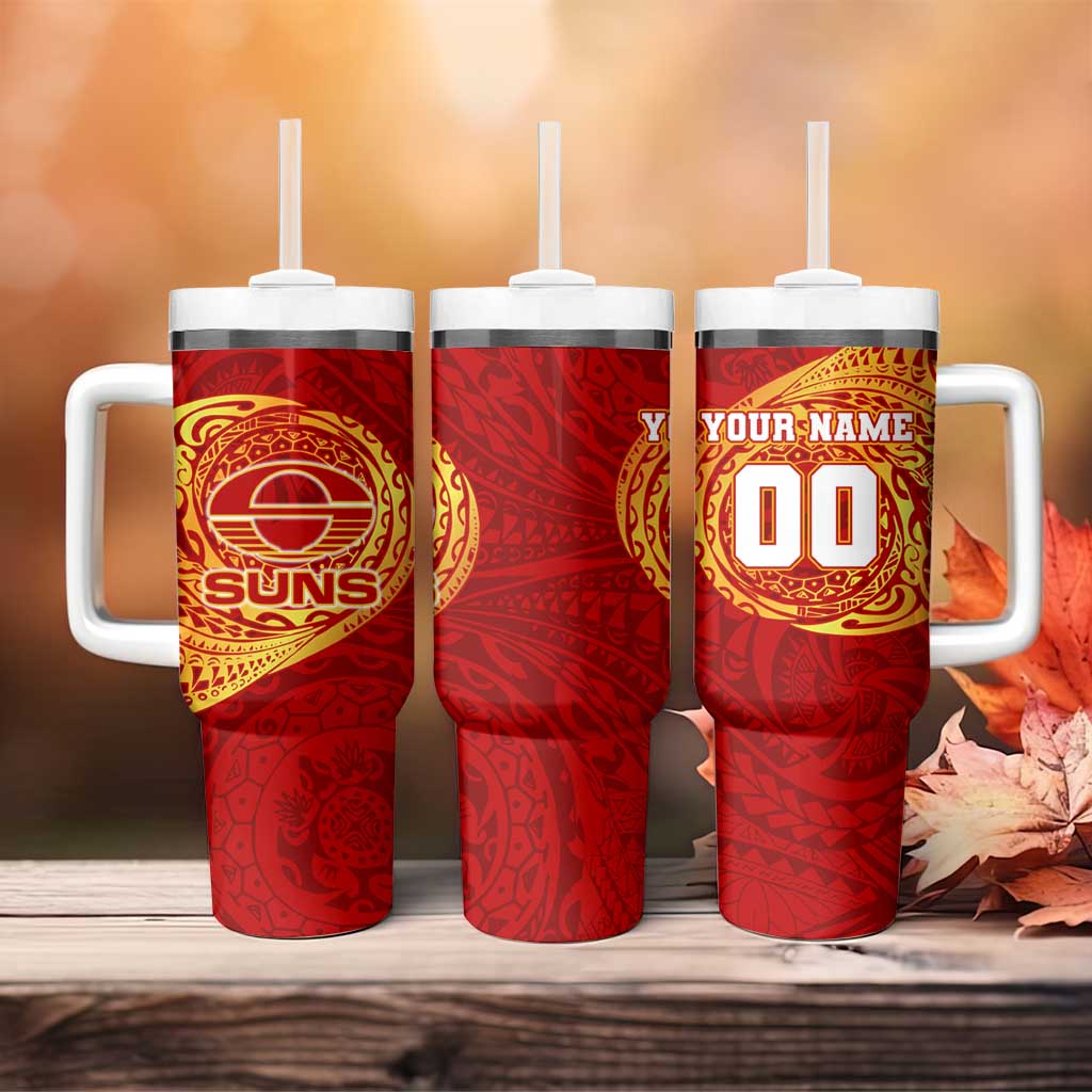Personalized Gold Coast Suns Polynesian Tumbler With Handle Tribal Chest and Sleeve Tattoo Heritage Warrior