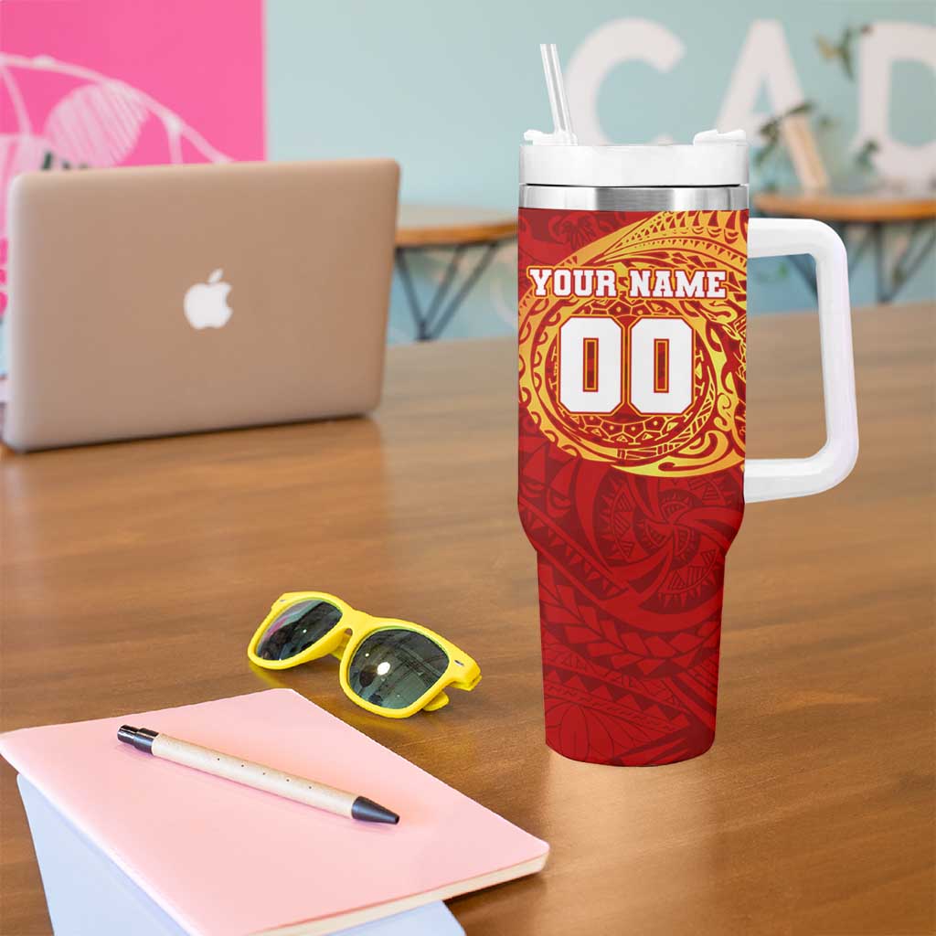 Personalized Gold Coast Suns Polynesian Tumbler With Handle Tribal Chest and Sleeve Tattoo Heritage Warrior