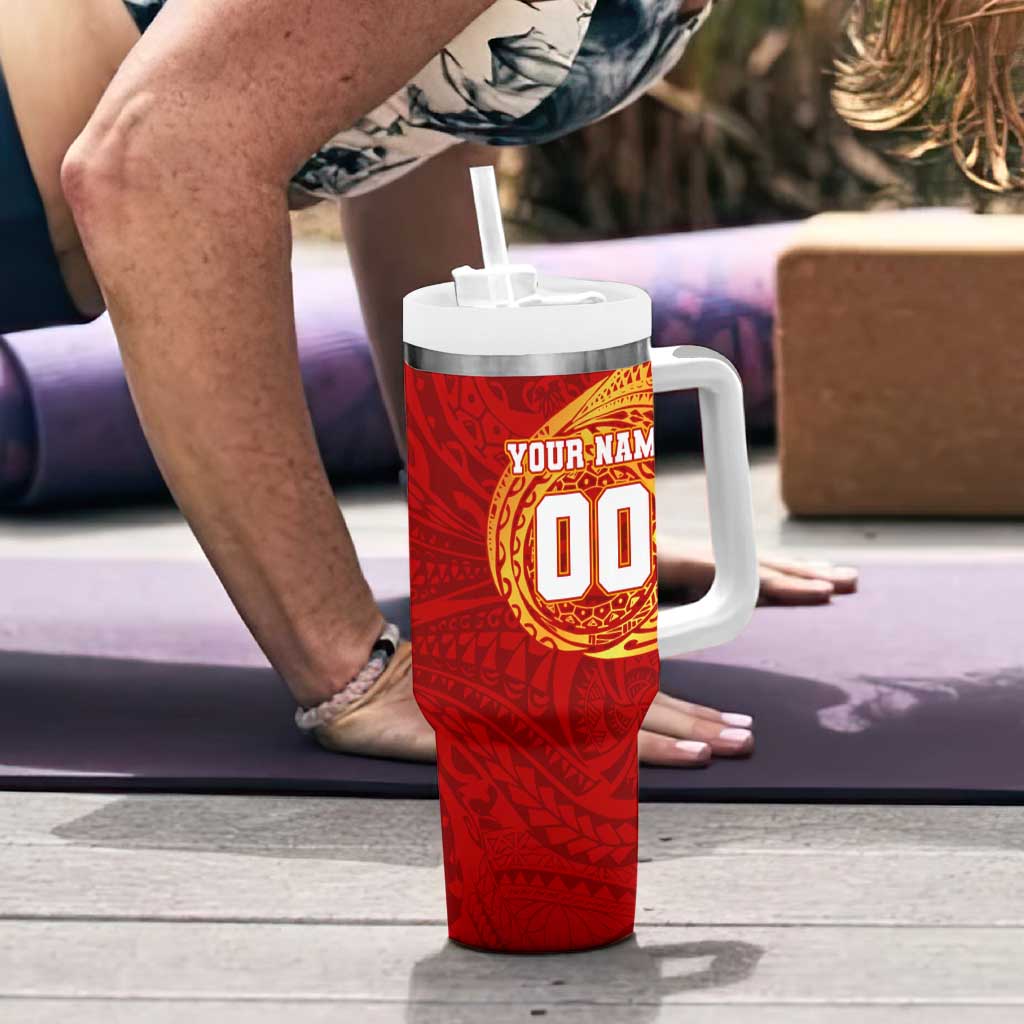 Personalized Gold Coast Suns Polynesian Tumbler With Handle Tribal Chest and Sleeve Tattoo Heritage Warrior