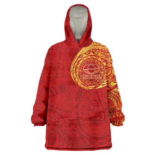 Personalized Gold Coast Suns Polynesian Wearable Blanket Hoodie Tribal Chest and Sleeve Tattoo Heritage Warrior