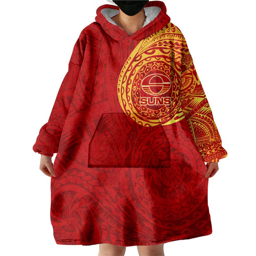 Personalized Gold Coast Suns Polynesian Wearable Blanket Hoodie Tribal Chest and Sleeve Tattoo Heritage Warrior