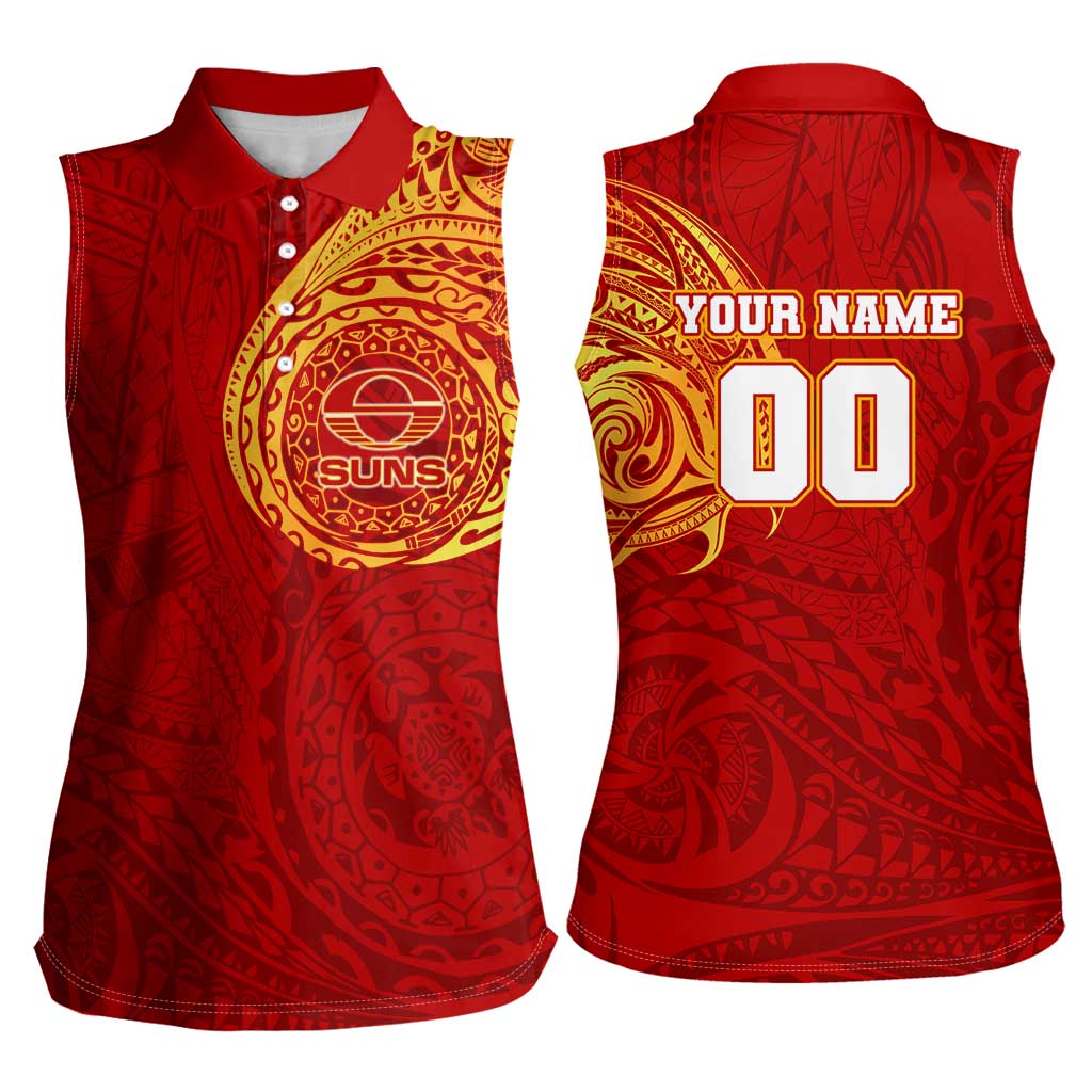 Personalized Gold Coast Suns Polynesian Women Sleeveless Polo Shirt Tribal Chest and Sleeve Tattoo Heritage Warrior