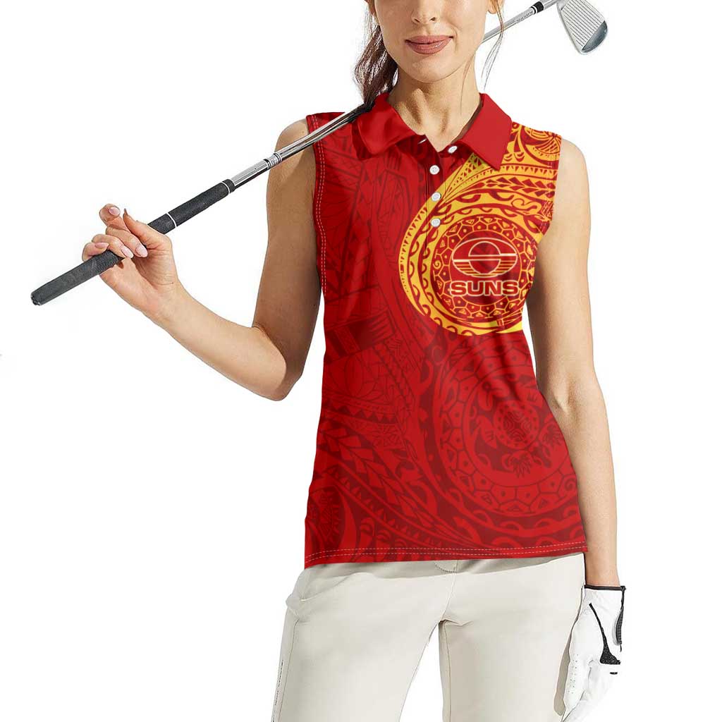 Personalized Gold Coast Suns Polynesian Women Sleeveless Polo Shirt Tribal Chest and Sleeve Tattoo Heritage Warrior